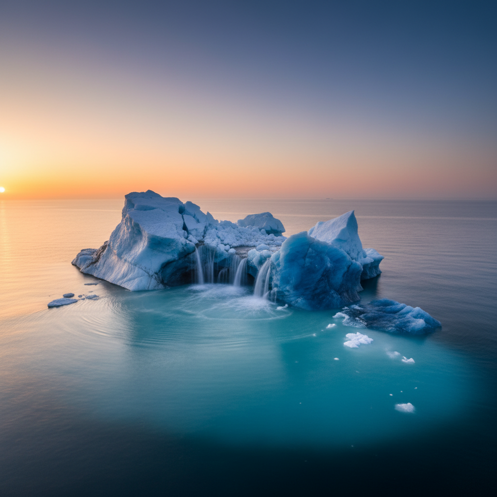 A large iceberg slowly melting into the ocean, showing subtle ripples and changes in water color around it, emphasizing environmental impact, soft warm lighting, gradient background, no text