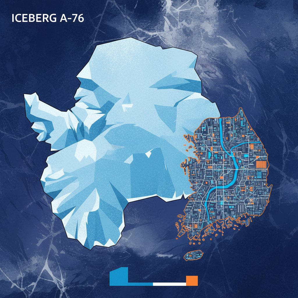 An illustrative infographic comparing the vast size of Iceberg A-76 to a major city like Seoul, with clear visual representation of scale, modern layout, high contrast, textured background, no text