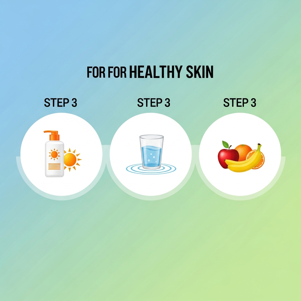 A clean infographic showing three key steps for healthy skin: sunscreen application, drinking water, and eating fruits, with bright, balanced lighting, modern layout, colored background, no text.