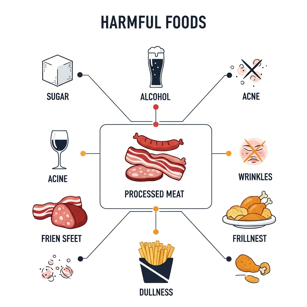 Clean infographic showing harmful foods like sugar, alcohol, processed meats, and fried foods, with icons representing negative effects on skin, high contrast, modern layout, no text