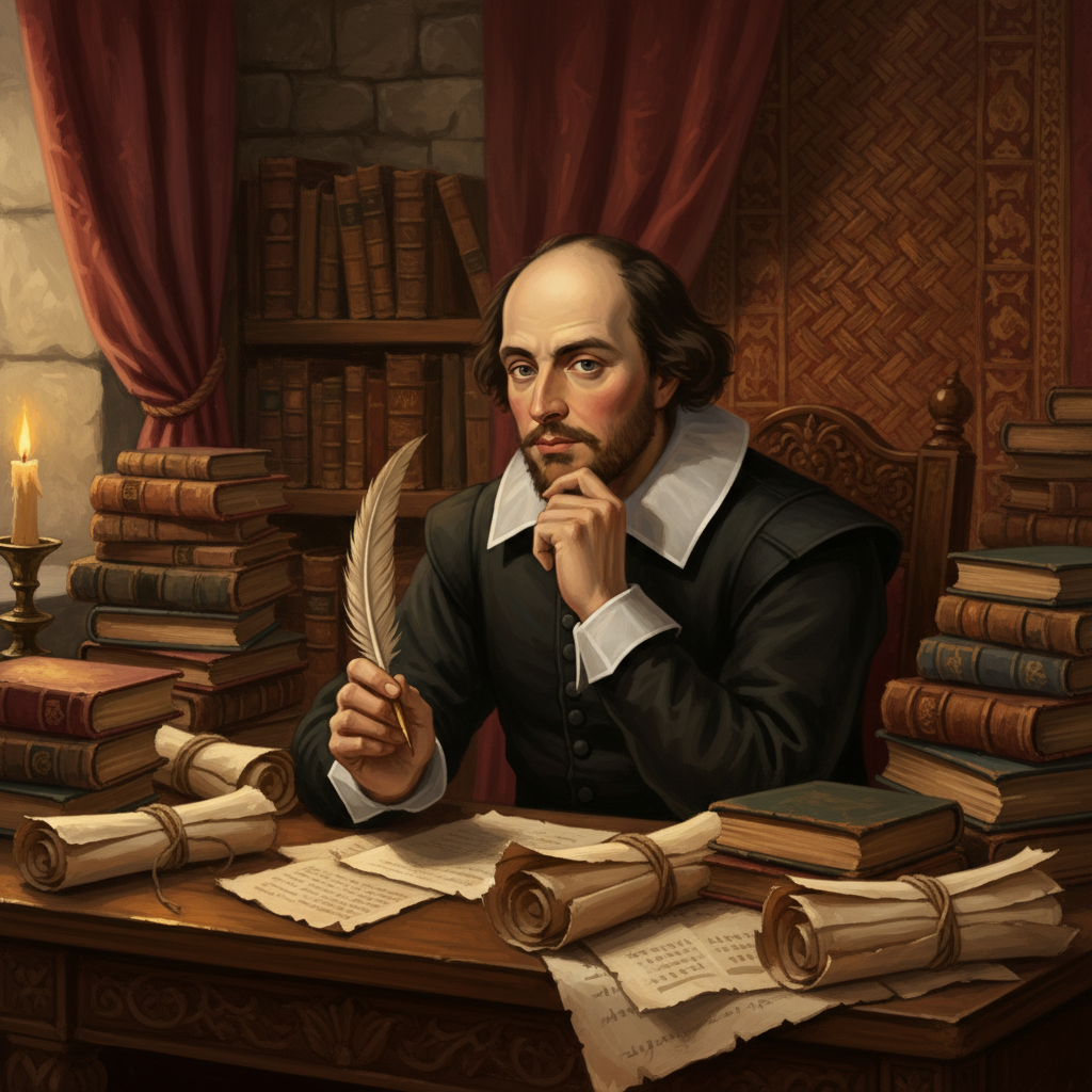 A man resembling Shakespeare, holding a quill pen and looking contemplative, surrounded by ancient books and scrolls in a warmly lit, historical study with a textured background, illustration, artistic rendering, no text