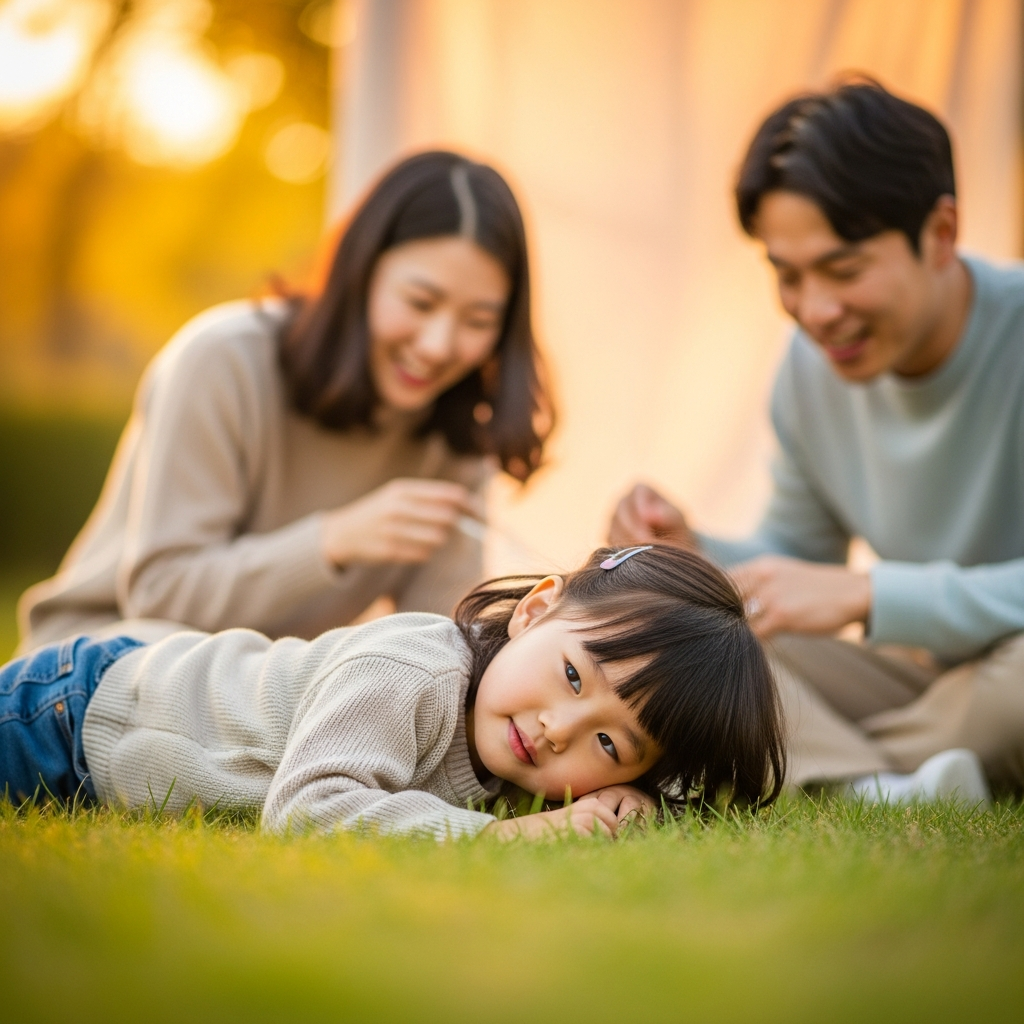 lifestyle photography, warm lighting, natural setting, showing a Korean child playing or resting, with caring parents in the background, colored background, no text