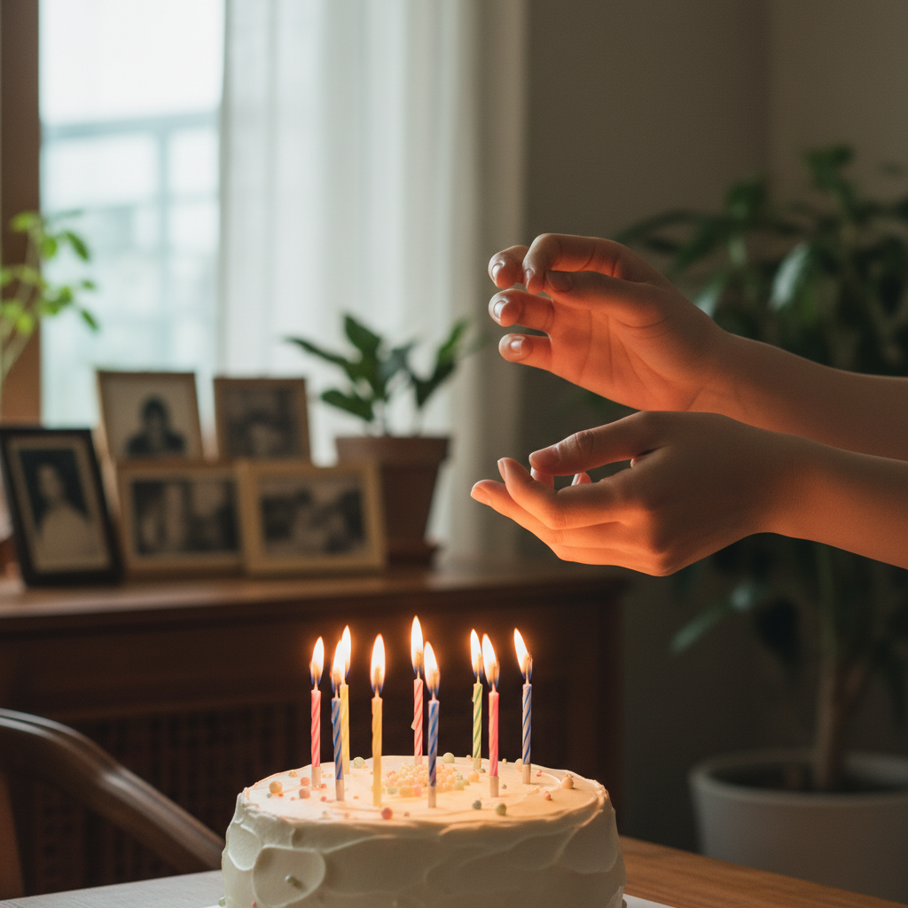 A person's hands about to blow out candles on a birthday cake, warm and hopeful atmosphere, rich background, no visible text, lifestyle photography, Korean appearance