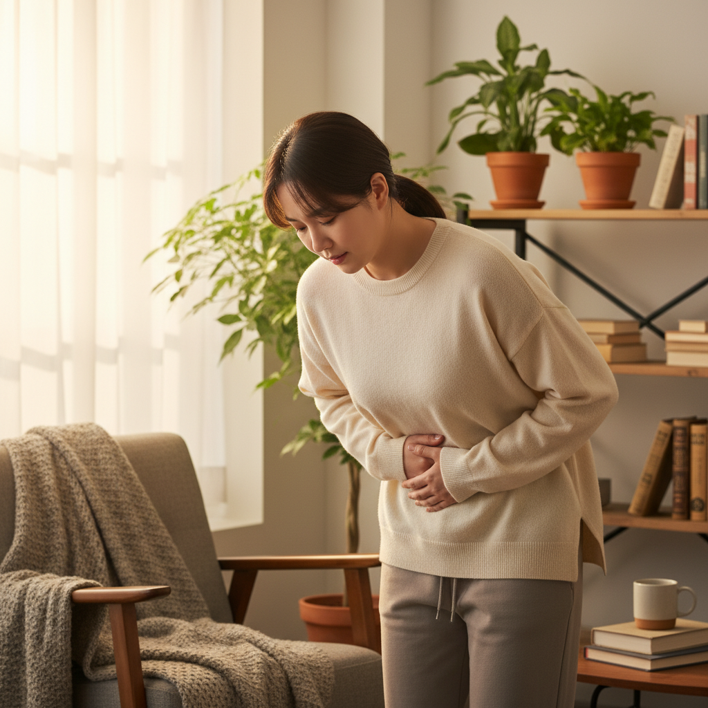 A Korean person gently holding their stomach, showing mild discomfort, soft warm lighting, cozy home background, natural setting, no text