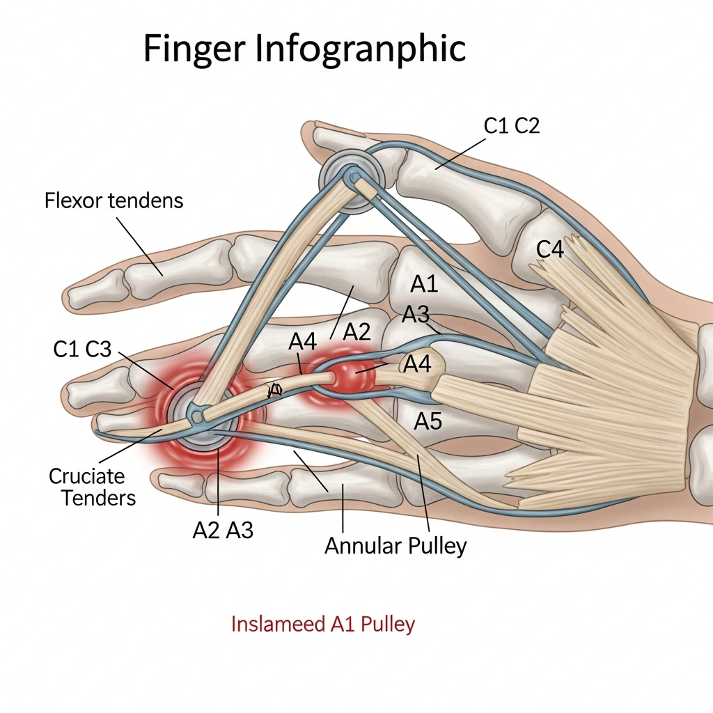 A clean infographic illustrating the hand anatomy, specifically focusing on the finger tendons and pulleys, showing inflammation in a trigger finger condition. No text in image, clear and professional style, medical illustration.