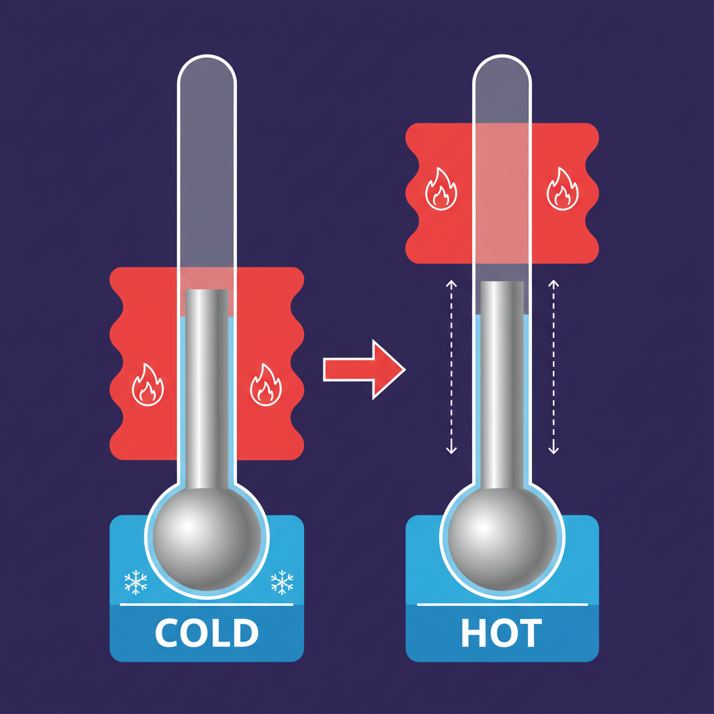 A clean infographic showing the principle of a mercury thermometer, illustrating mercury expanding in a glass tube, vibrant colors, modern layout, high contrast, colored background, no text