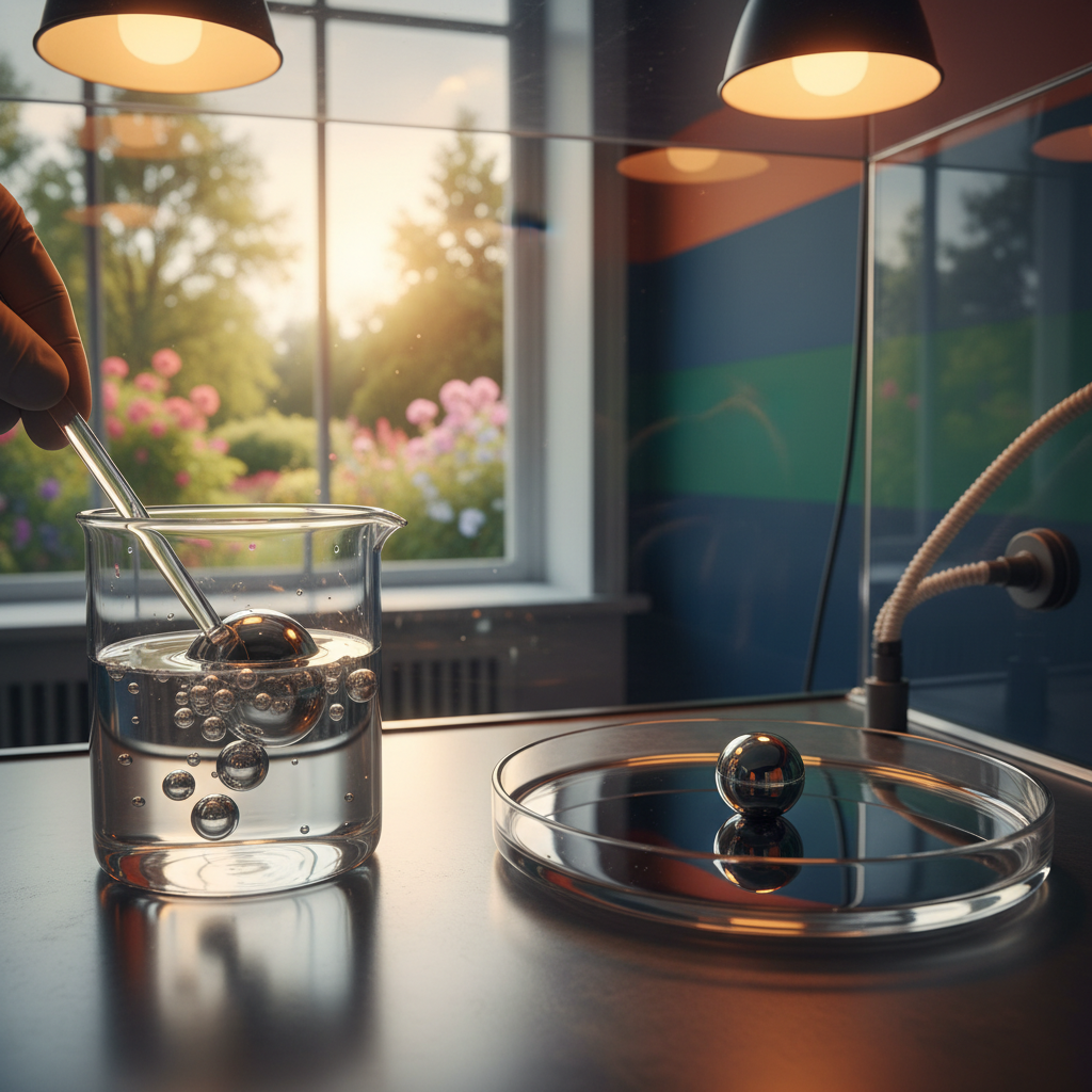A realistic depiction of a scientific experiment demonstrating the unique properties of mercury in a controlled environment, laboratory setting, warm lighting, natural setting, colored background, no text