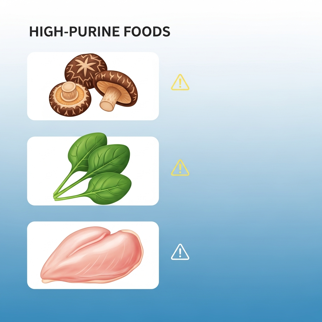 A clean infographic showing high-purine foods like dried mushrooms, spinach, and chicken breast, with subtle alert symbols, modern layout, high contrast, gradient background, no text.
