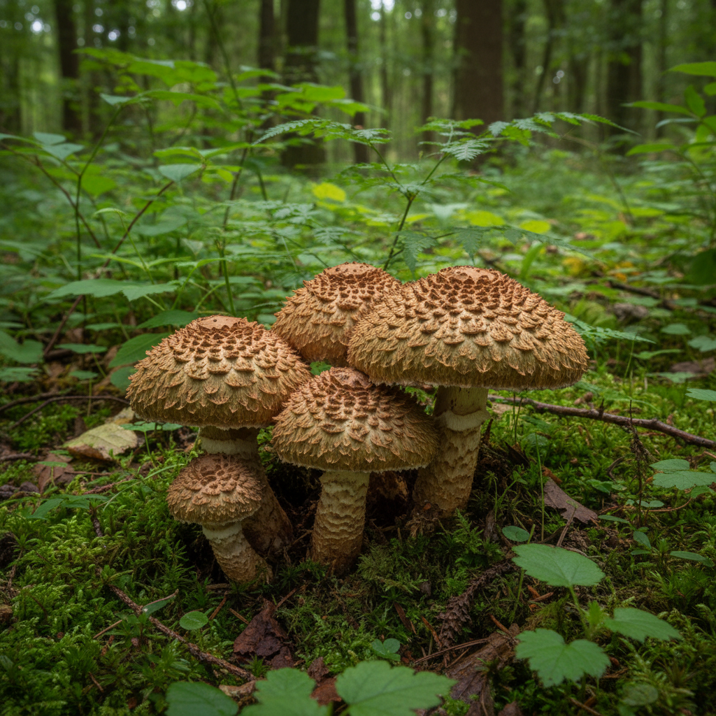 Wild Sarcodon aspratus mushrooms growing naturally in a lush, green forest, close-up, earthy tones, soft lighting, vibrant nature background, no text