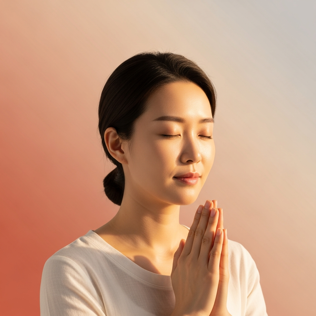 A Korean person with a calm, relaxed expression, perhaps meditating or taking a deep breath, suggesting stress relief, warm and soft lighting, gradient background, natural expression, no text