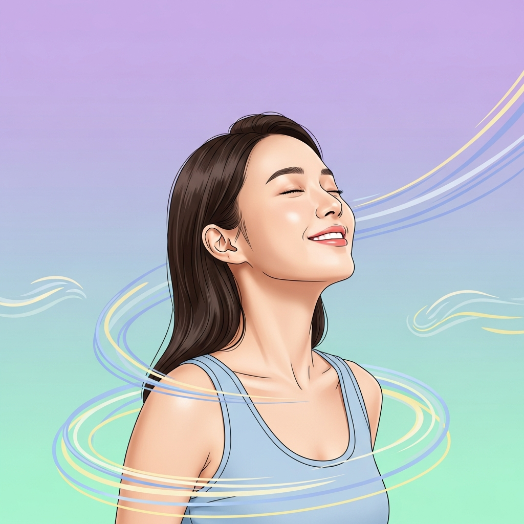 A Korean woman taking a deep breath and laughing, stress melting away, modern artistic rendering, gradient background in calming colors, symbolic representation of tension release, no text