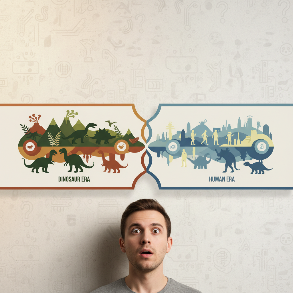 A person with a curious expression looking at a timeline showing separate eras for dinosaurs and humans, clean infographic style, modern layout, high contrast, warm lighting, textured background, no visible text in image, no Korean characters