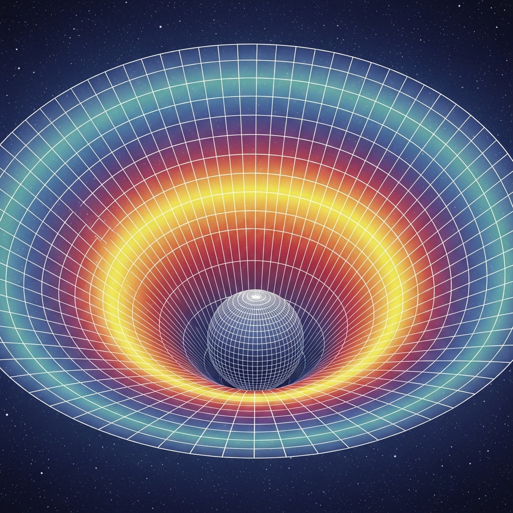 Clean scientific infographic showing curved spacetime grid with massive spherical object creating gravitational well, colorful gradient representing space distortion, modern educational illustration style with clear visual flow, cosmic background with stars, no text in image, frame-filling composition