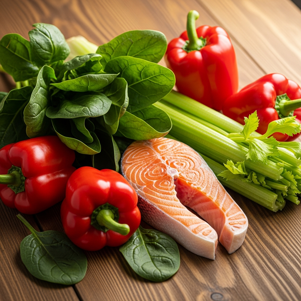 A vibrant still life of spinach, red bell peppers, salmon, and celery arranged artfully on a wooden table, warm and inviting lighting, natural setting, no text