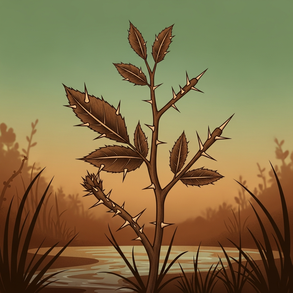 A symbolic illustration representing the overall survival strategy of plants through thorns, showing both defense and adaptation in a harmonious natural setting. Earthy tones, artistic style, gradient background, no text.