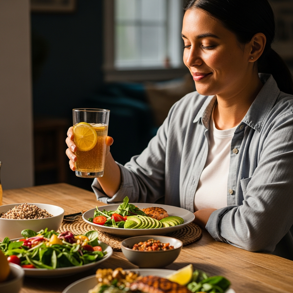 A realistic lifestyle photography of someone enjoying kombucha after a healthy meal. Include a dining table with fresh food, a glass of kombucha, and a peaceful, satisfied expression. Warm natural lighting. No text.