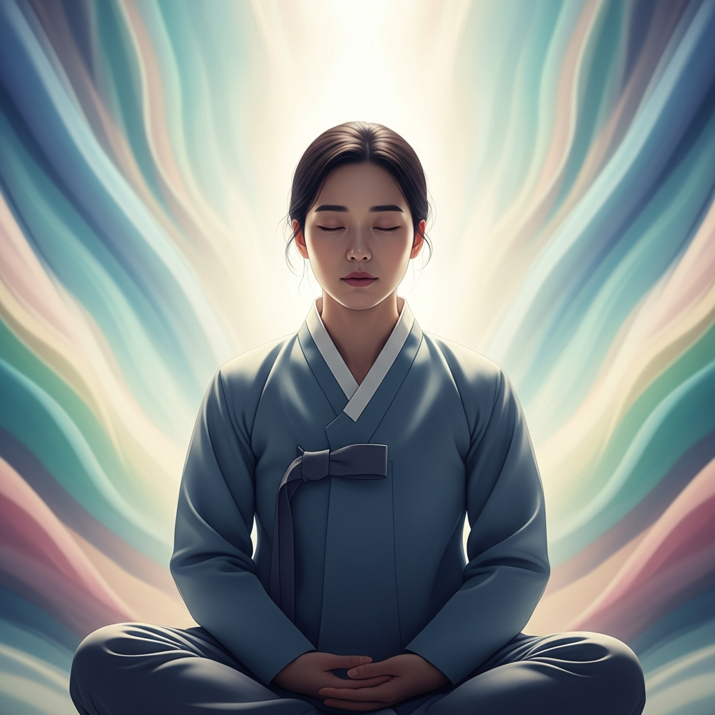 A Korean person peacefully sleeping or meditating, with calm expressions, surrounded by soft light, tranquil atmosphere, colored background, no text
