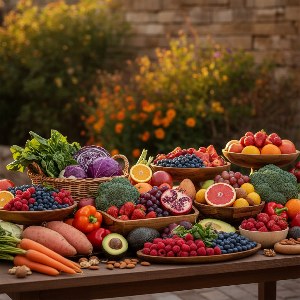 A beautifully arranged table filled with fresh fruits and vegetables, emphasizing antioxidant-rich foods, lifestyle photography, natural setting, warm lighting, colored background, no text.