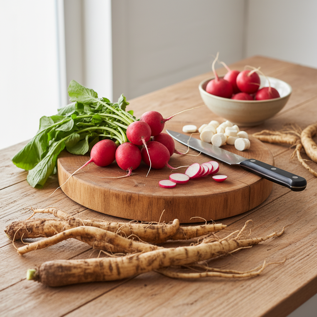 A visually rich composition of fresh radishes and deodeok roots on a kitchen counter, possibly with cutting board and knife, suggesting preparation for healthy cooking. Lifestyle photography, bright, balanced lighting, textured wooden background, no text, centered focus.