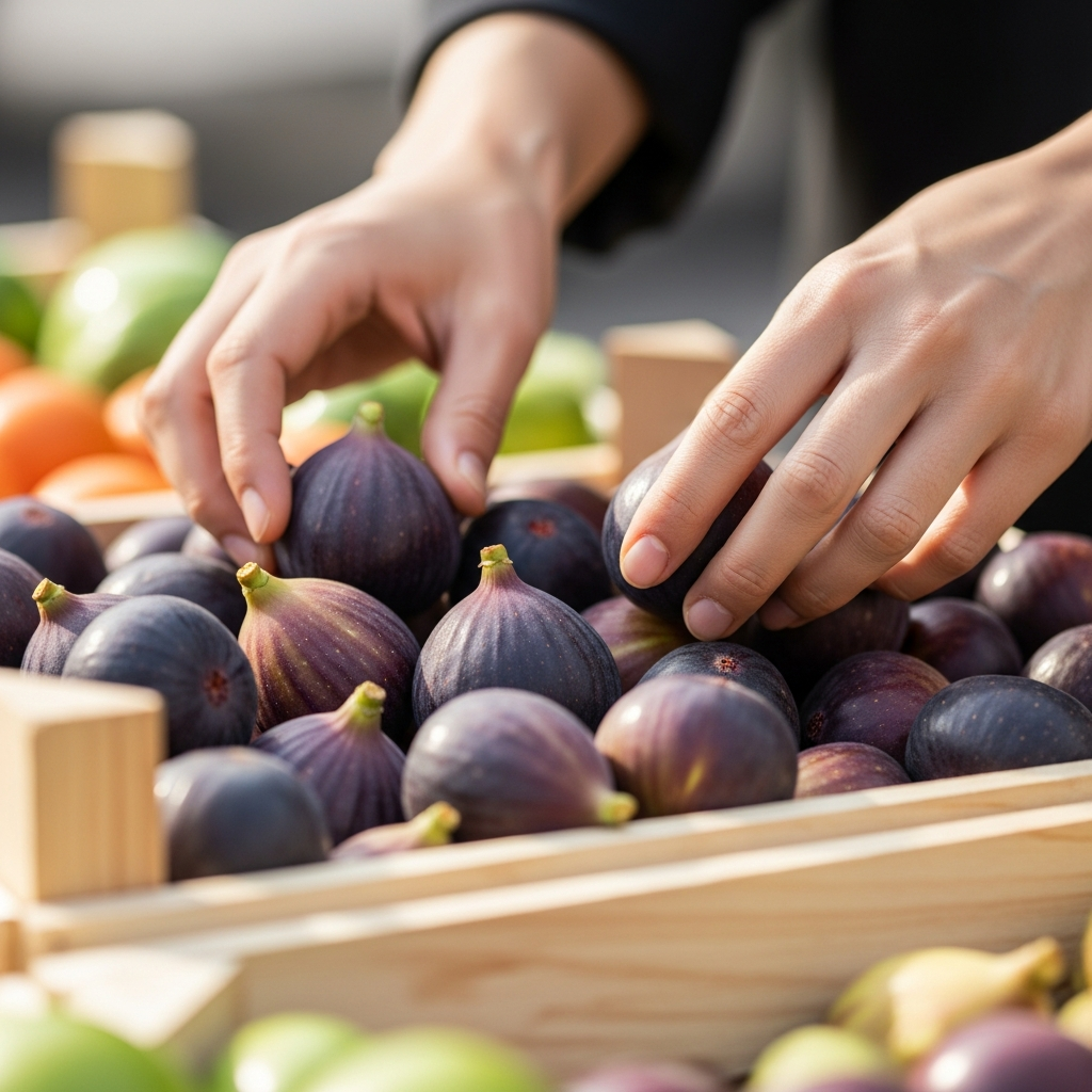 Close-up of Korean hands selecting fresh purple figs at farmers market, ripe figs with glossy skin in wooden crate, natural outdoor lighting, selective focus on hands and fruits, market atmosphere, no text