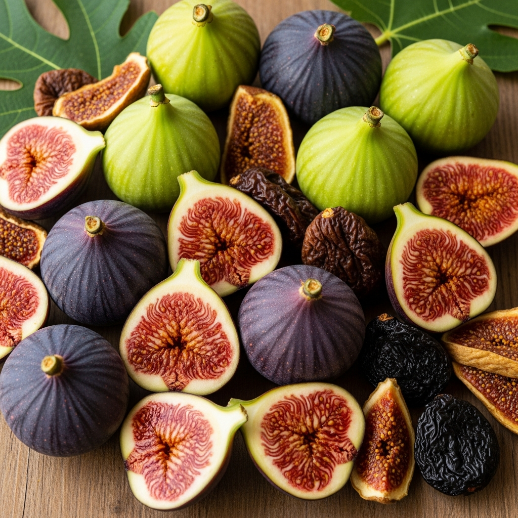 Fresh and dried figs arranged on rustic wooden table, purple and green figs cut in half showing red flesh inside, natural daylight, close-up food photography, clean background, appetizing composition, no text