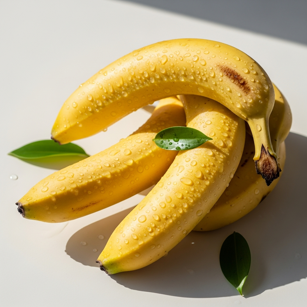 A vibrant lifestyle photograph of fresh, ripe bananas arranged on a clean white surface with natural morning light. Show the golden-yellow color and natural texture. Include subtle elements like water droplets or leaves to emphasize freshness and nutrition. No text.