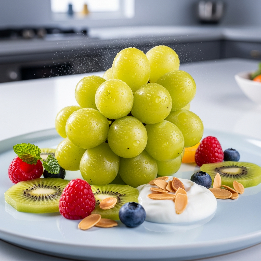 A beautifully arranged healthy dessert featuring fresh Shine Muscat grapes, vibrant colors, clean and modern kitchen background, high contrast, no text