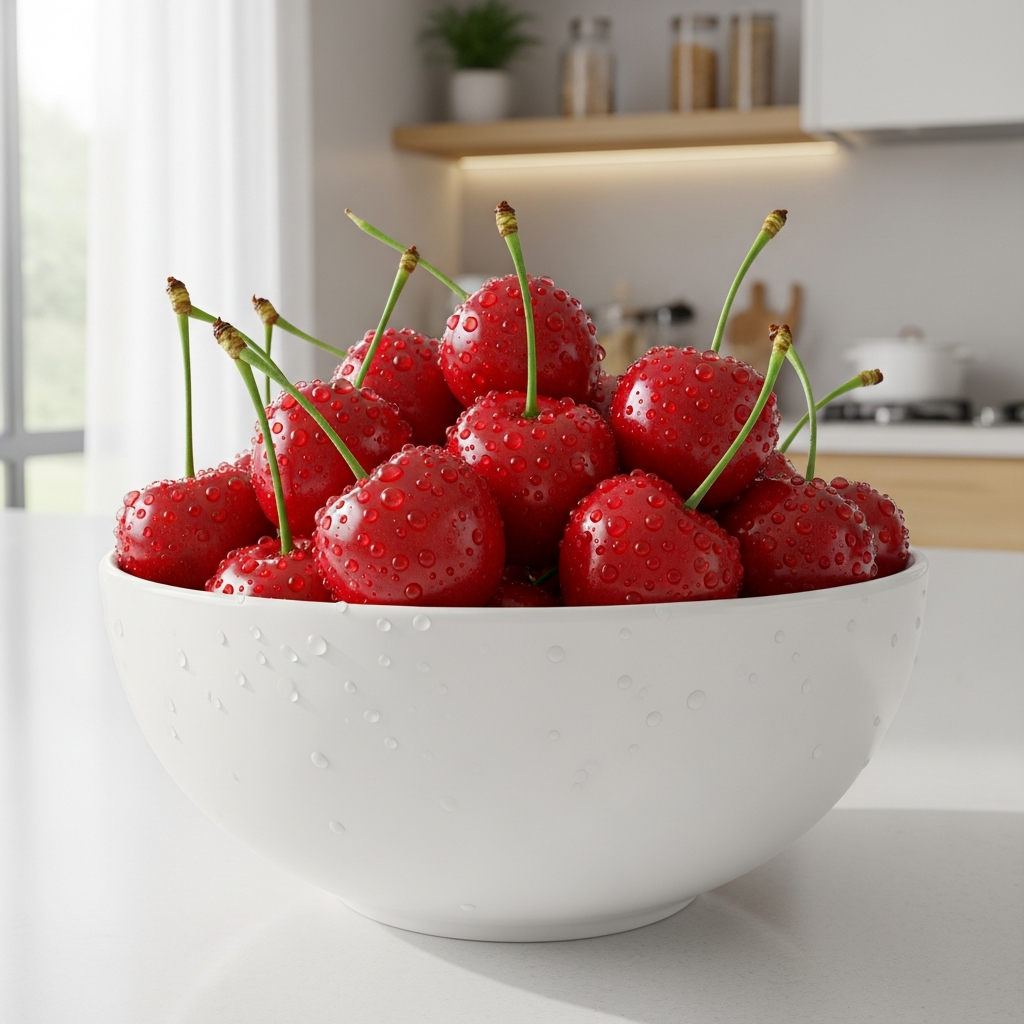 Fresh red cherries in a white bowl with water droplets, soft natural lighting, clean kitchen background, healthy lifestyle aesthetic, no text
