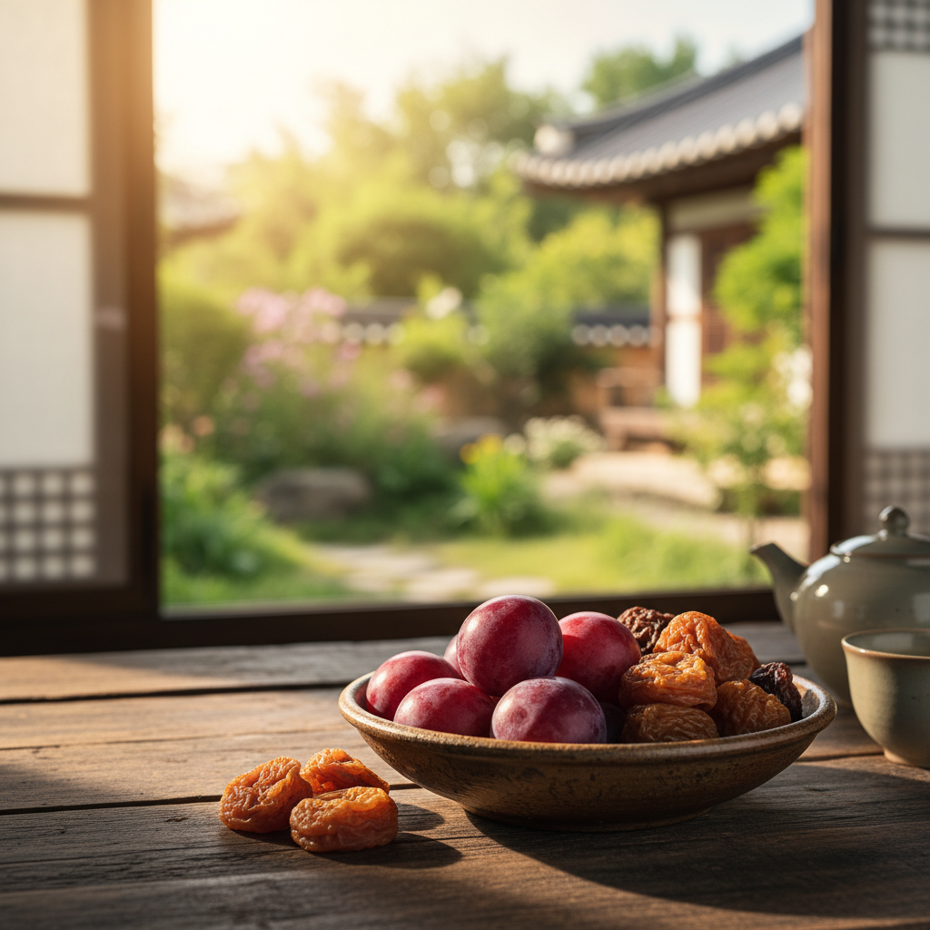 A vibrant lifestyle scene showing fresh plums and dried plums in a rustic bowl on a wooden table, warm lighting, a blurred green garden background, Korean setting, no text