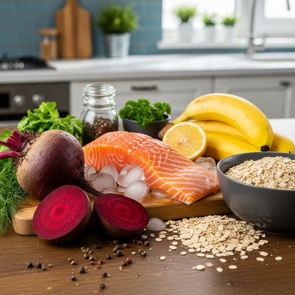 A vibrant still life photograph of fresh, healthy ingredients known to lower blood pressure, such as beetroots, salmon, bananas, and oats, artfully arranged on a wooden table in a well-lit kitchen. The focus is on natural colors and textures, with no text. Style: lifestyle photography.