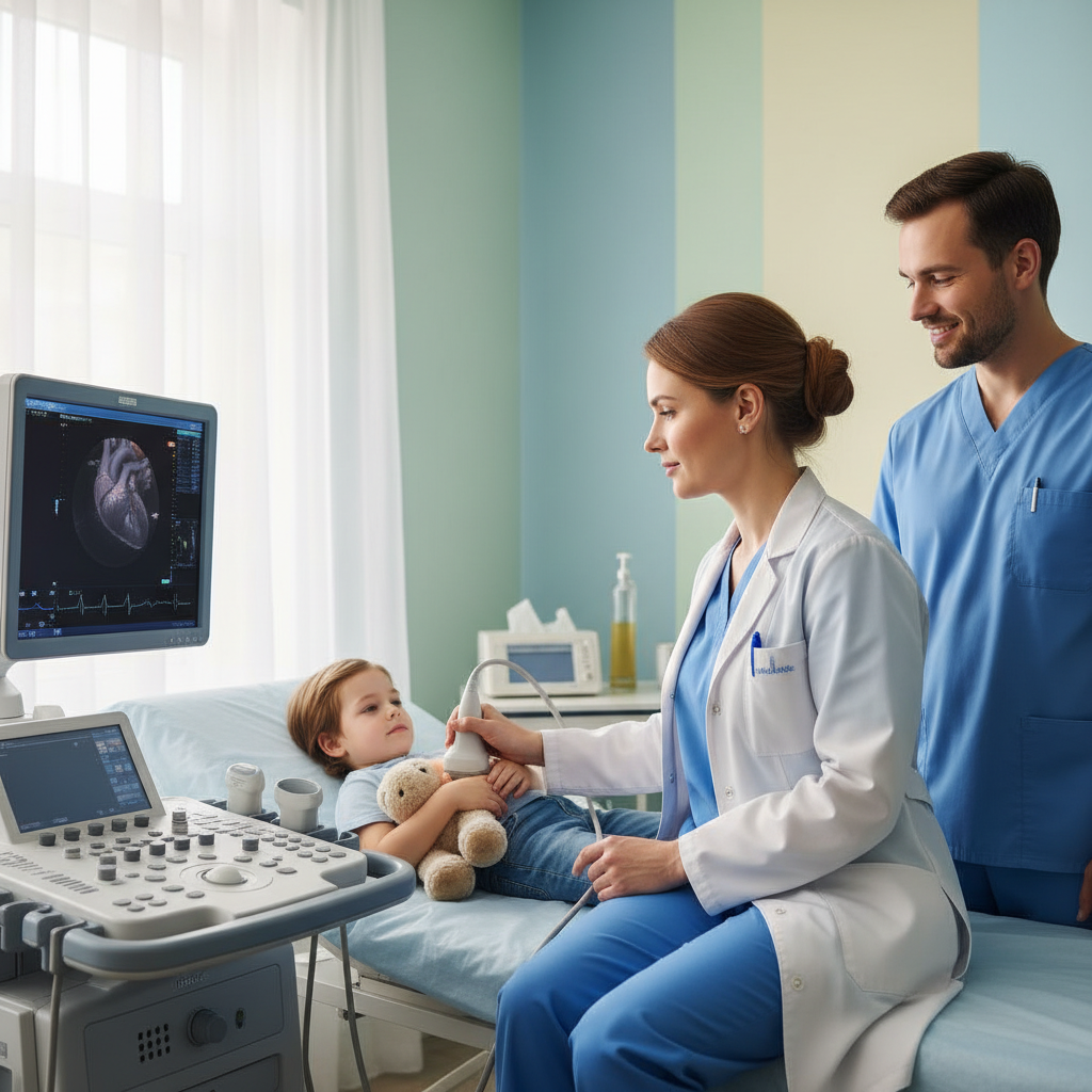 A realistic depiction of a cardiologist performing an echocardiogram on a child patient, professional and calm setting, soft colored background, no text