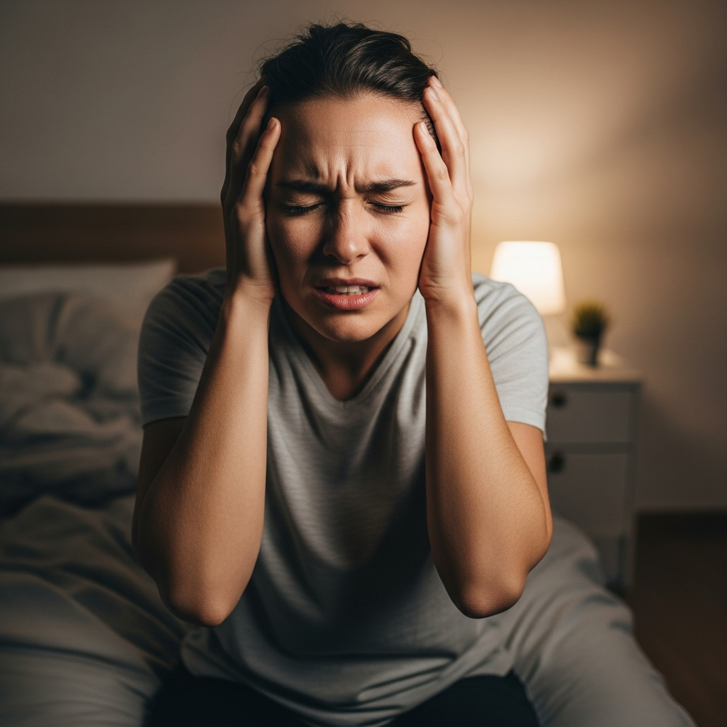 A person experiencing severe dizziness, holding their head with both hands, sitting on a bed in a dimly lit bedroom. Show discomfort and disorientation in their facial expression. Realistic lifestyle photography with soft, warm lighting. No text.