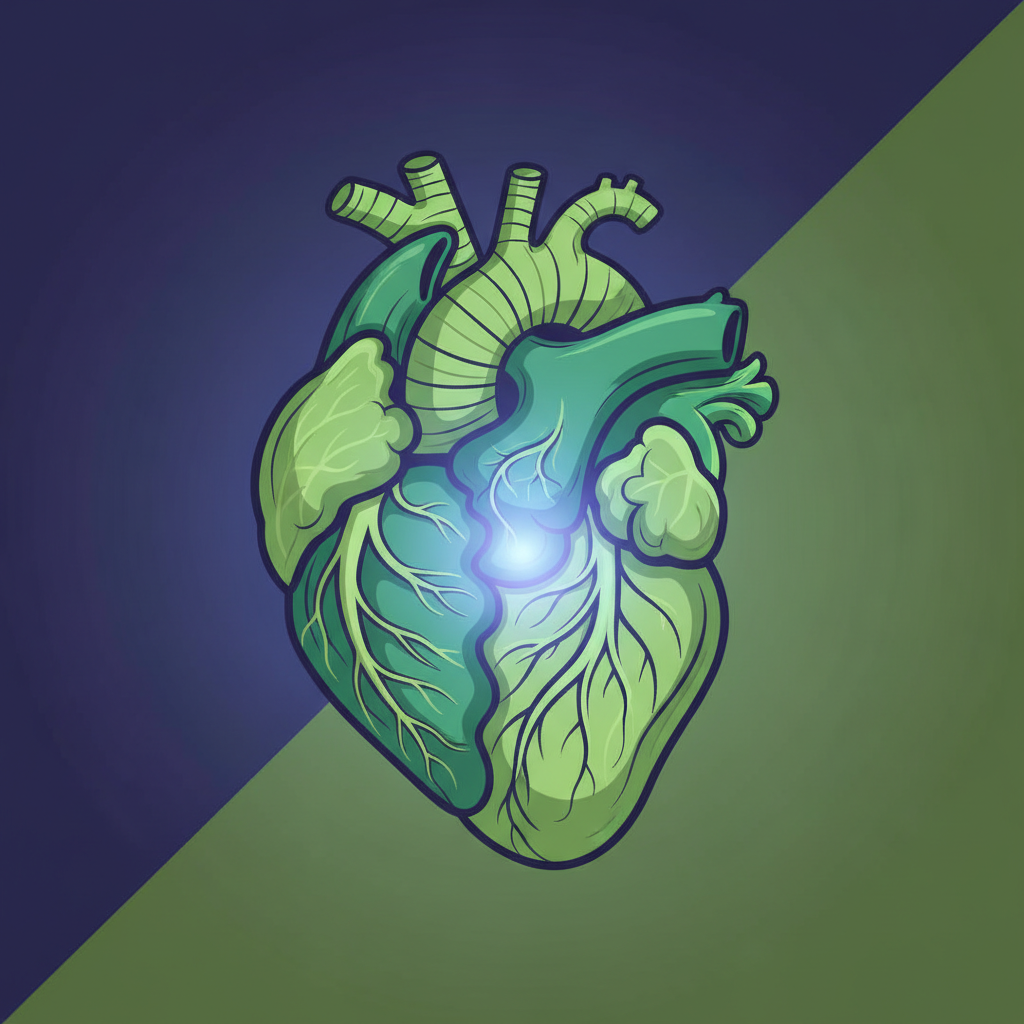 A stylized heart intertwined with fresh cabbage leaves, representing cardiovascular health. Clean infographic, modern layout, high contrast, colored background, no text