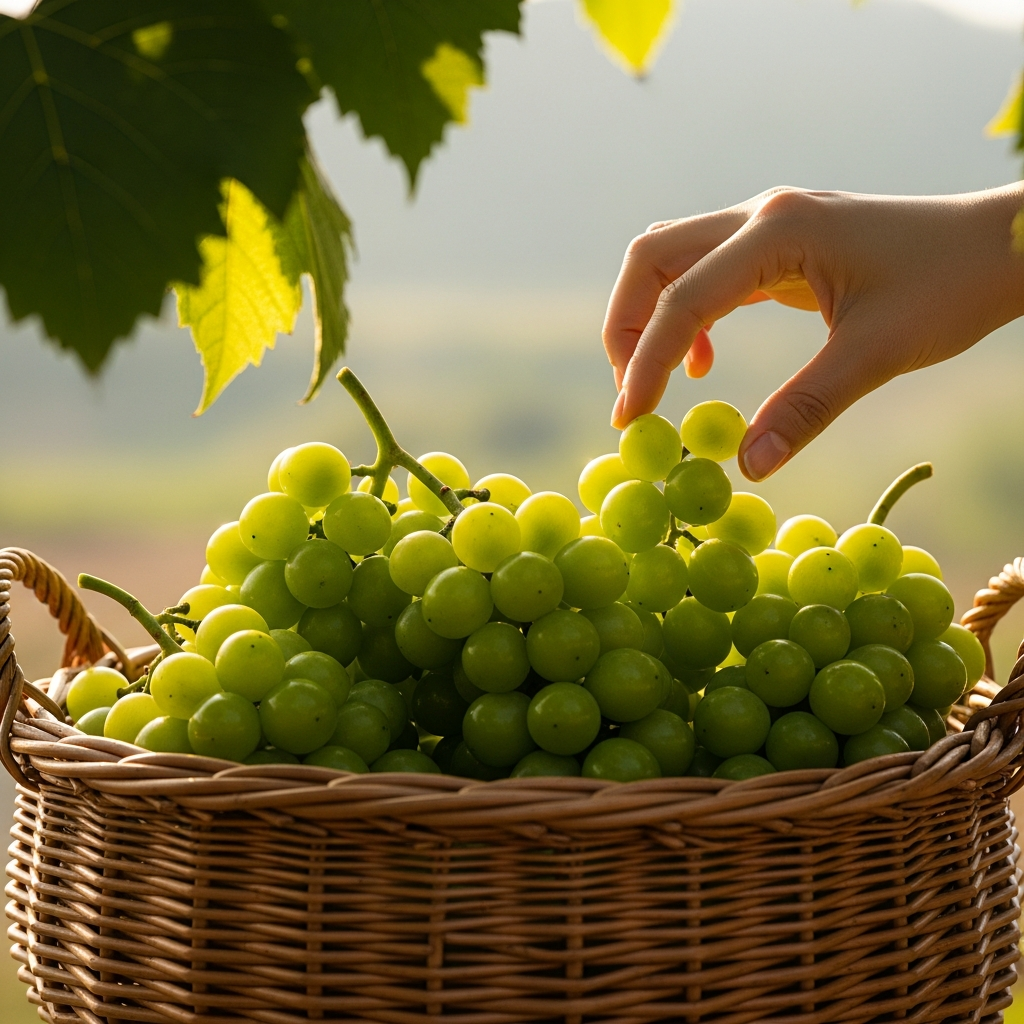 A vibrant basket overflowing with fresh green Shine Muscat grapes, natural setting, warm lighting, soft gradient background, Korean appearance hand gently touching, no text