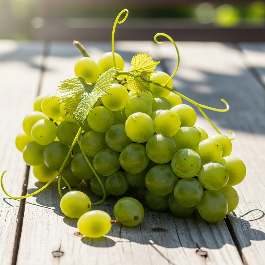 A vibrant cluster of fresh green grapes on a wooden table, bright lighting, natural setting with soft sunlight, no text, textured background, centered focus.