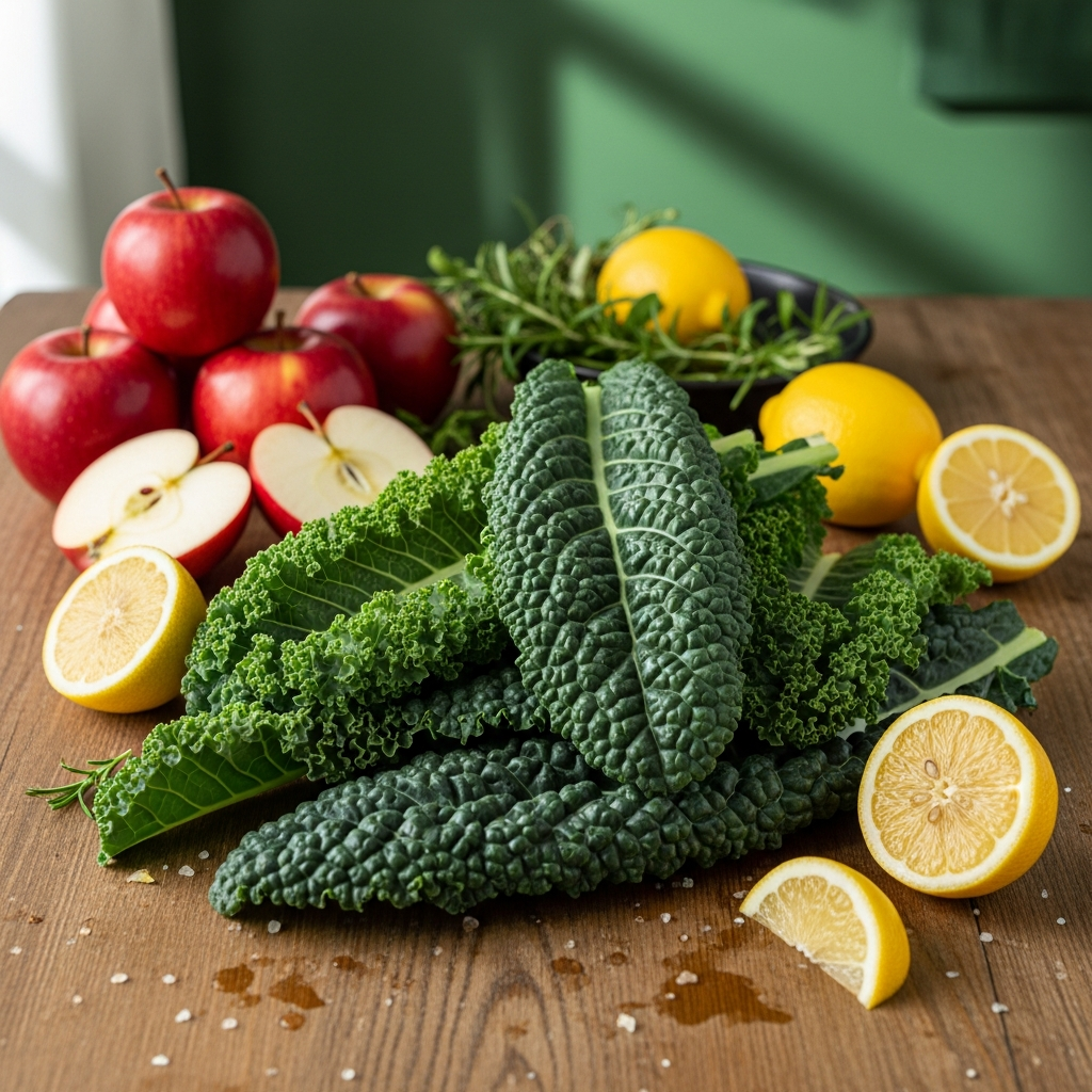 A vibrant still life photograph of fresh green kale leaves on a wooden table, surrounded by other healthy ingredients like apples and lemons. Bright, balanced lighting, natural setting, rich background, no text.