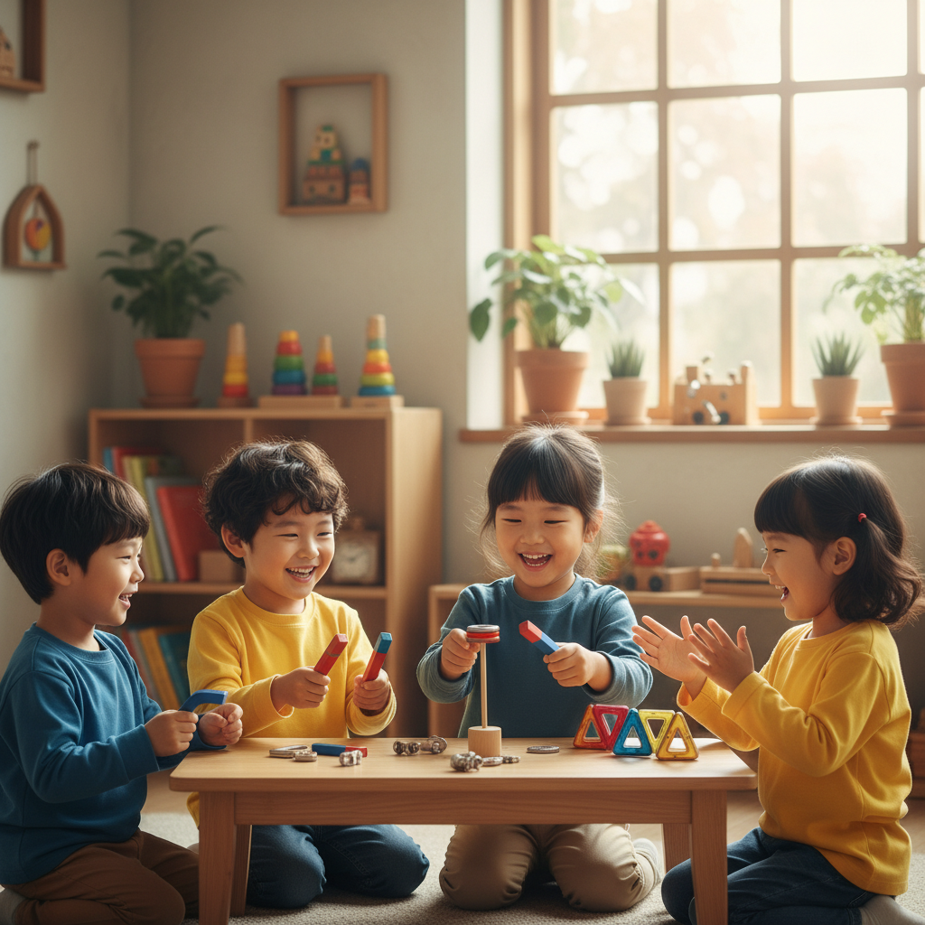 A cheerful scene of Korean children playing with magnets, demonstrating attraction and repulsion, warm and bright lighting, indoor setting with a cozy feel, no text, textured background, vibrant colors