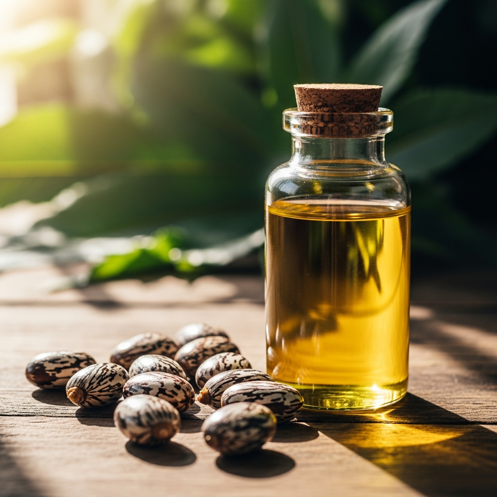 Close-up photograph of castor beans and castor oil in a glass bottle on a wooden table, natural sunlight, botanical background with green leaves, realistic texture, warm and inviting atmosphere, lifestyle photography style, no text in image