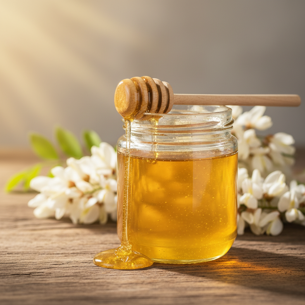 A jar of acacia honey and a honey dipper on a rustic wooden table, with fresh acacia flowers gently blurred in the background, soft morning light, warm and inviting atmosphere, no text