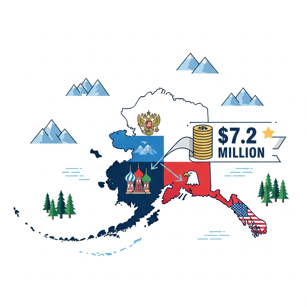 An illustration of a map showing Alaska transitioning from Russian to American territory, with symbolic elements representing its vastness and the 7.2 million dollar transaction. Style: clean infographic. No text in image.