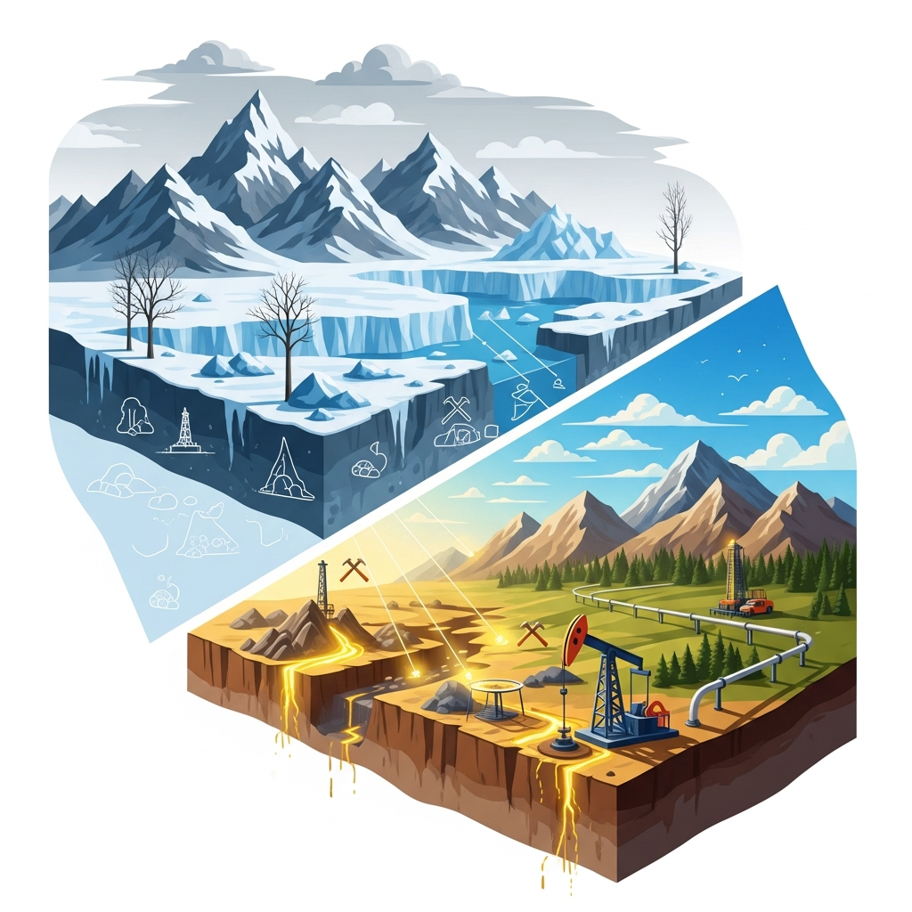 A vibrant infographic showing various natural resources like gold, oil, and natural gas being discovered in the Alaskan landscape, transforming it from a "frozen wasteland" into a valuable asset. Style: clean infographic. No text in image.