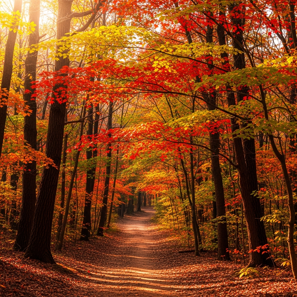 A vibrant autumn forest with various colored leaves, warm sunlight filtering through, a winding path, rich textured background, lifestyle photography, no text, Korean nature