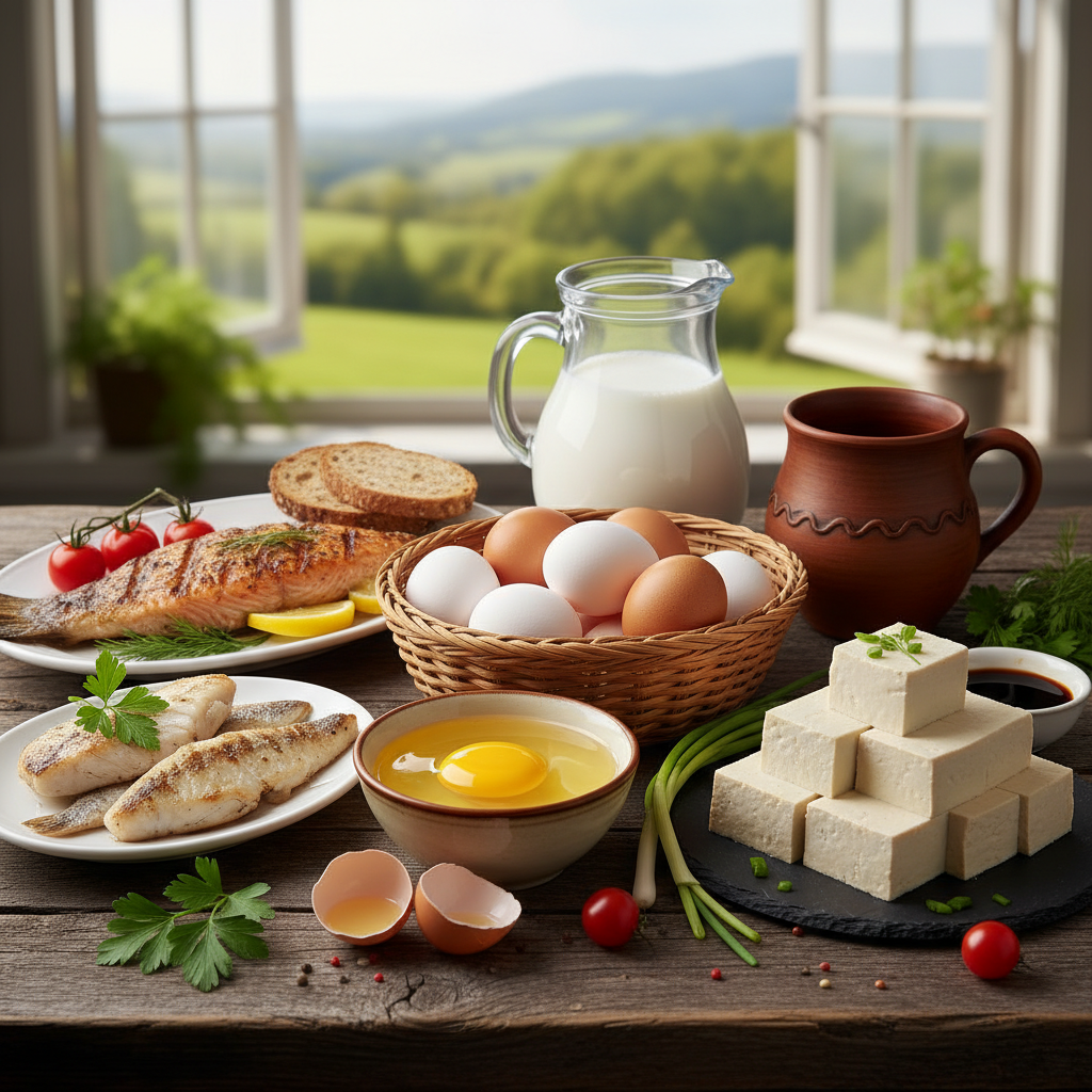 A visually rich composition of albumin-rich foods such as eggs, milk, fish, and tofu, arranged attractively on a rustic wooden table, bright and balanced lighting, natural setting, no text