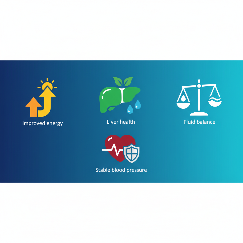 Clean infographic showing various health benefits like improved energy, liver health, fluid balance, and stable blood pressure, modern layout, high contrast, colored background, no text