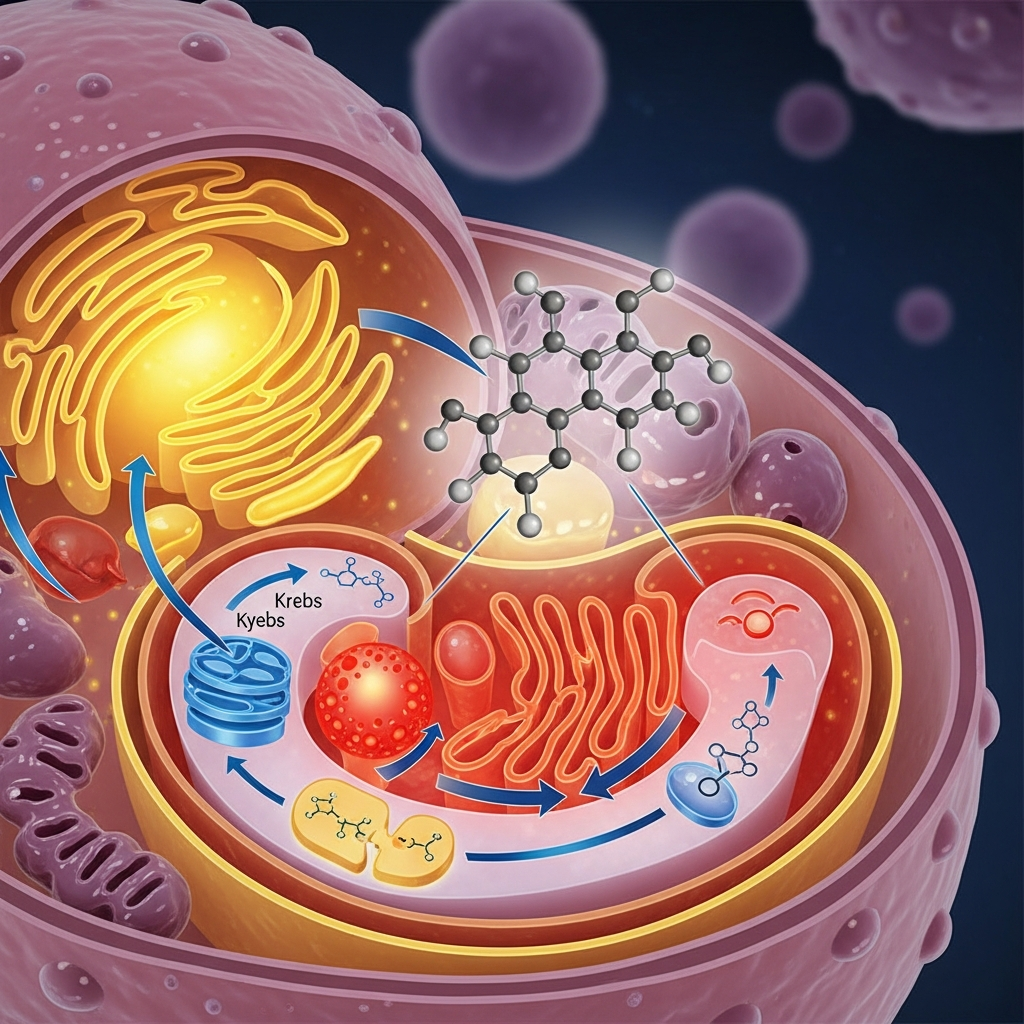A clean infographic showing the molecular structure and cellular energy generation process, with mitochondria highlighted in vibrant colors, representing alpha lipoic acid benefits, no text, scientific illustration style