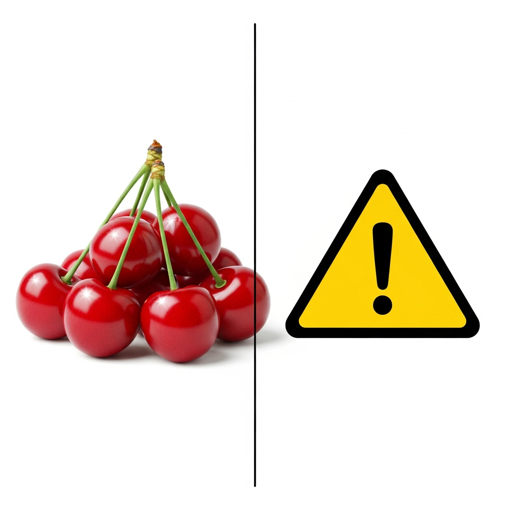 Split image showing fresh cherries on one side and a warning symbol on the other, clean medical infographic style, clear visual hierarchy, no text