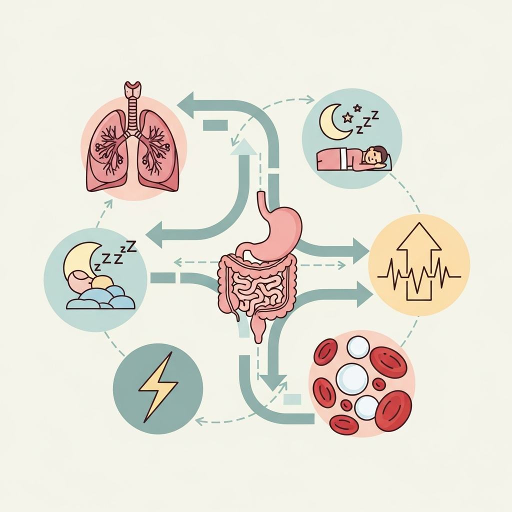 Infographic showing health benefits with icons representing lungs, digestive system, sleep, energy, and blood cells, clean medical illustration style, soft colors, no text