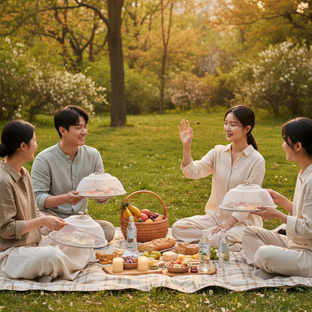 A vibrant lifestyle scene showing people enjoying an outdoor picnic, dressed in neutral colors, avoiding strong perfumes. A person gently waves away a bee without panic, demonstrating prevention tips. Warm lighting, natural setting, lush green background, no visible text in image, Korean appearance
