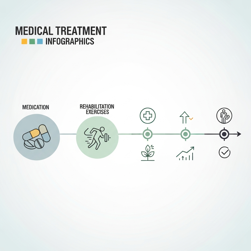 A clean, minimalist infographic showing medical treatment elements - pills, rehabilitation exercises, and a timeline of recovery. Include icons representing medication, physical therapy, and gradual improvement. Modern, healthcare-focused design. No text.
