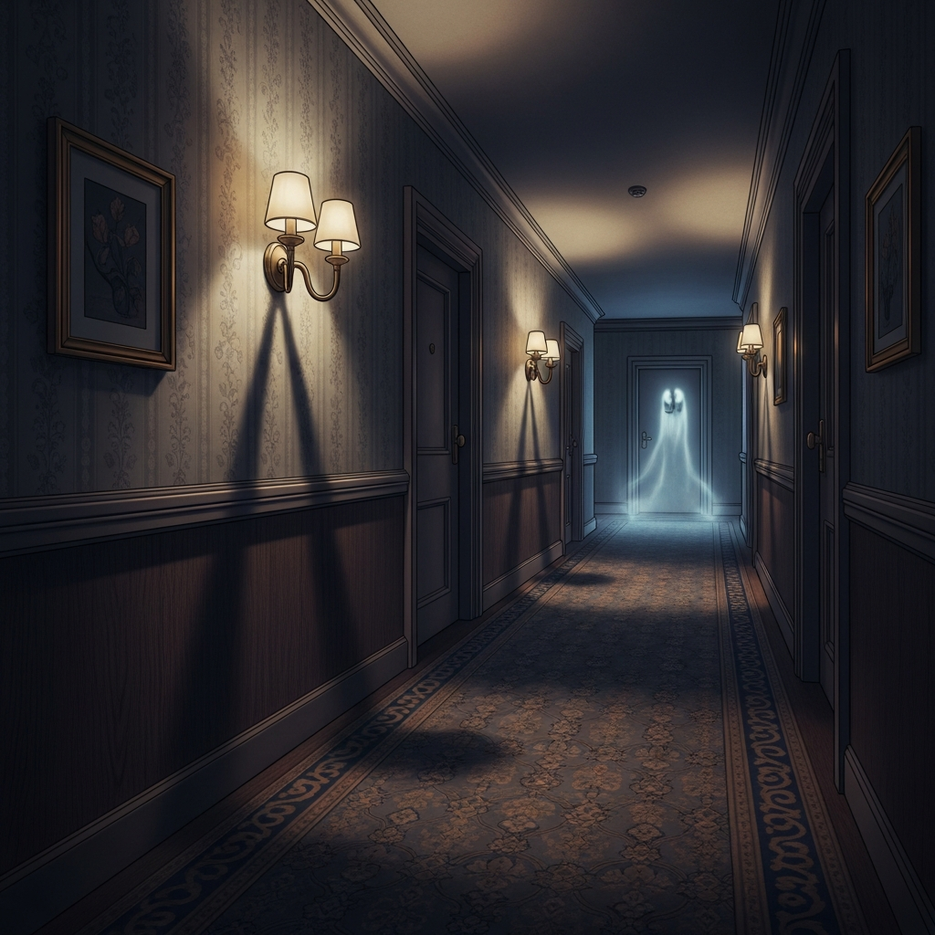 Dark atmospheric hotel corridor with mysterious supernatural ambiance, dim lighting, eerie shadows, empty hallway, vintage hotel interior, ghostly presence suggested through lighting and composition, illustration style, no text